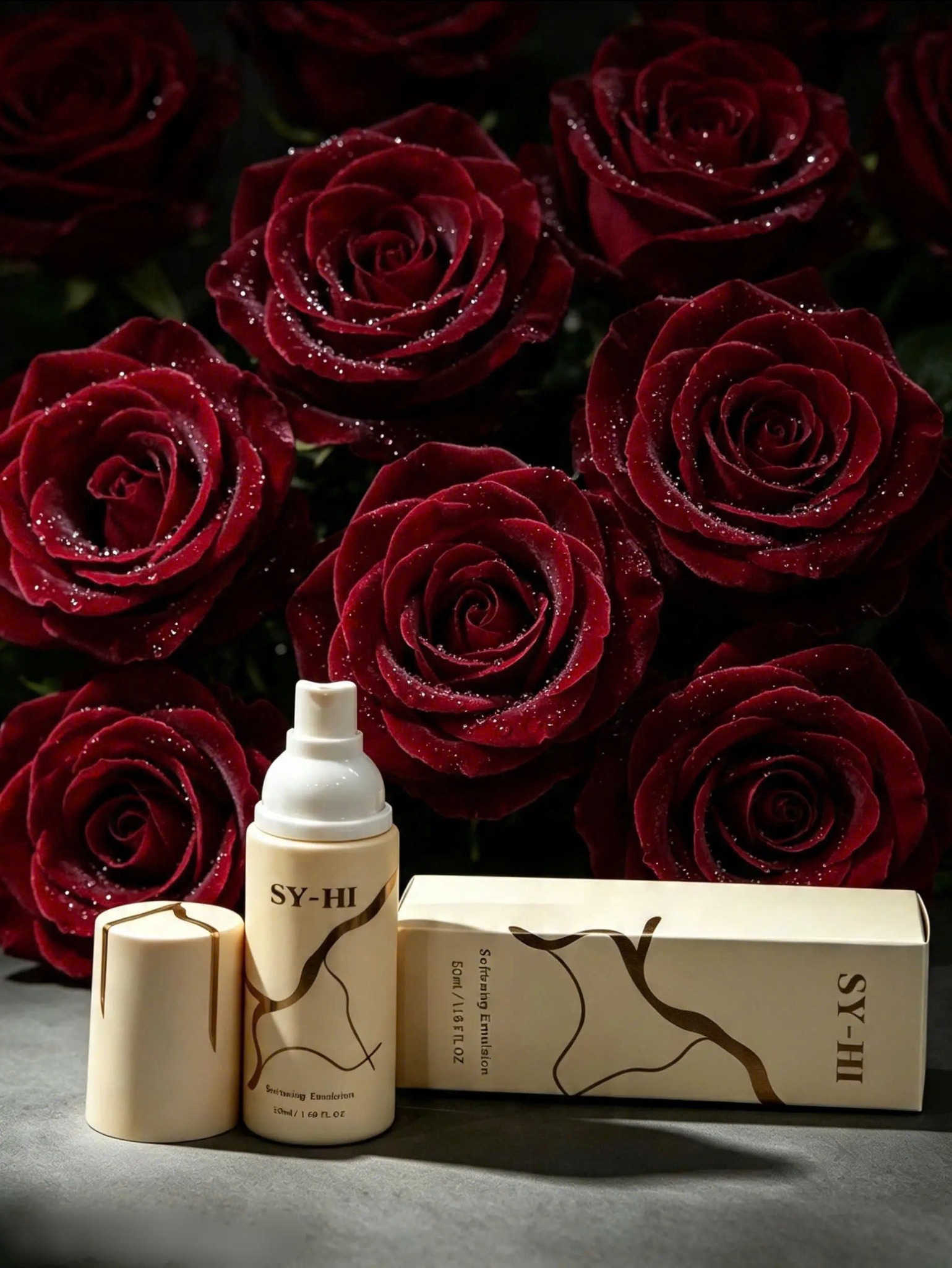 SY-HI Softening Emulsion và hộp trên nền hoa hồng